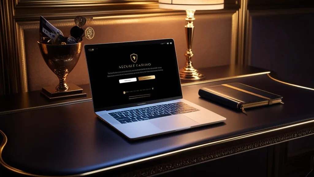 Sicher gespeicherte Zugangsdaten auf Laptop und Notizbuch im Casino-Look