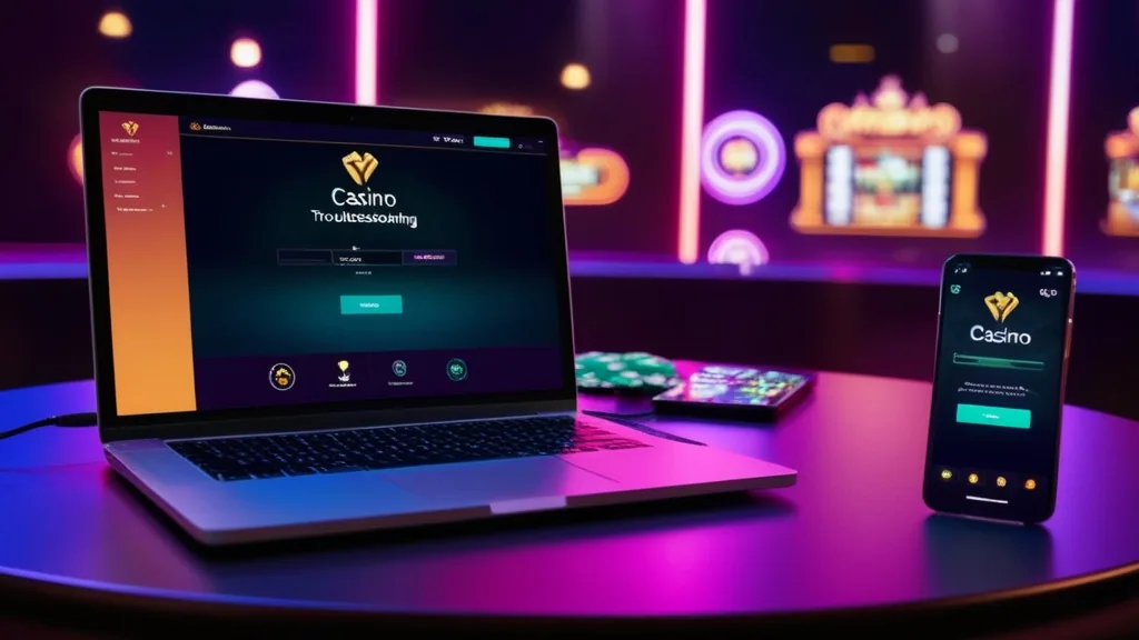 Computer und Smartphone mit Loginproblemen im dunklen Casino-Stil