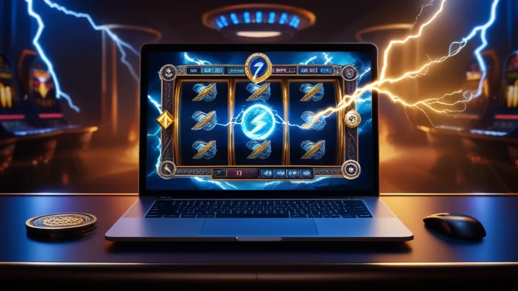 Laptop mit Thor-Fortune-Slot im Demomodus in düsterer Casino-Atmosphäre