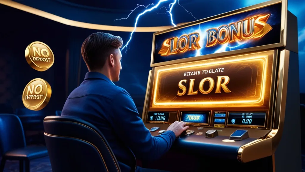Spieler vor einem Slot mit leuchtendem No-Deposit-Bonus im dunklen Casino