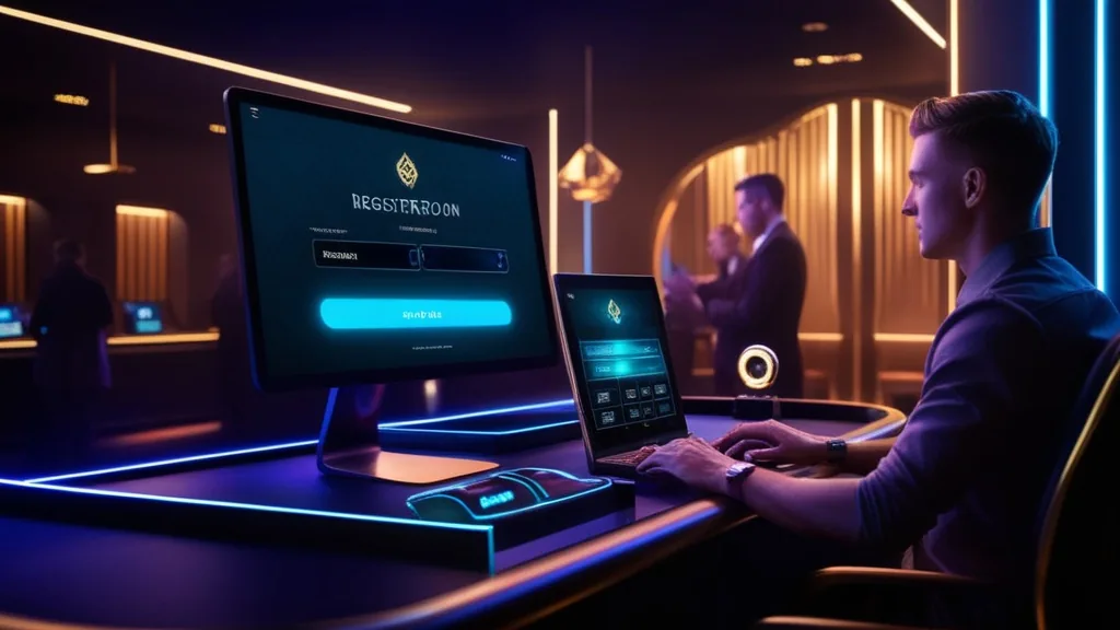 Dunkle Casino-Lobby mit Login-Terminal und Spieler vor Registrierung